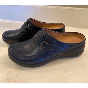 Easy Spirit Leather Clogs Sz 8 Navy Blue Slip On Loafer Cushion Insole New Mules